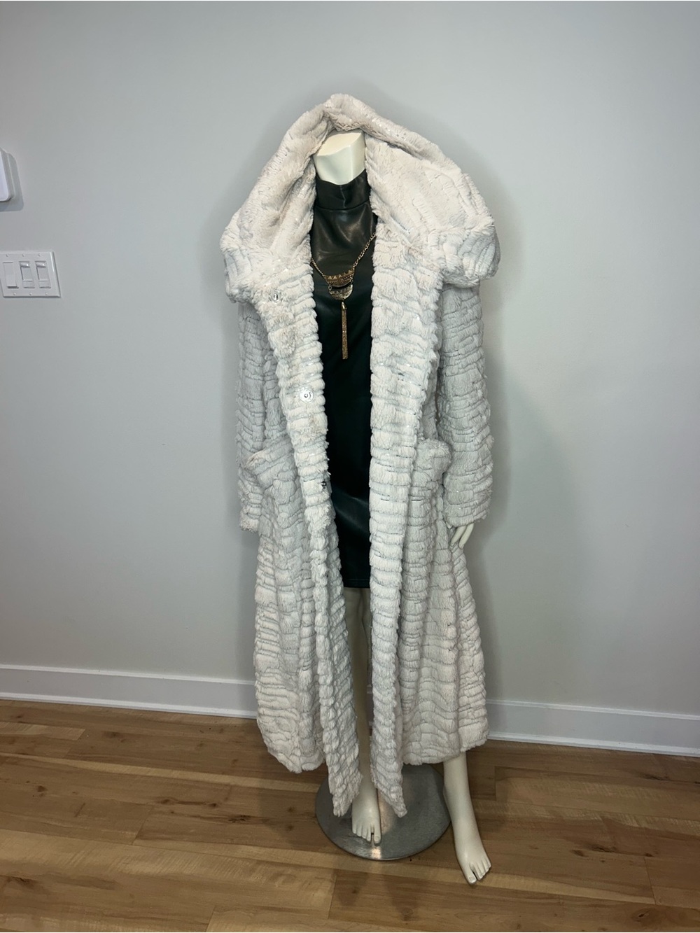 Simon Chang Ivory Long Hooded Teddy Coat